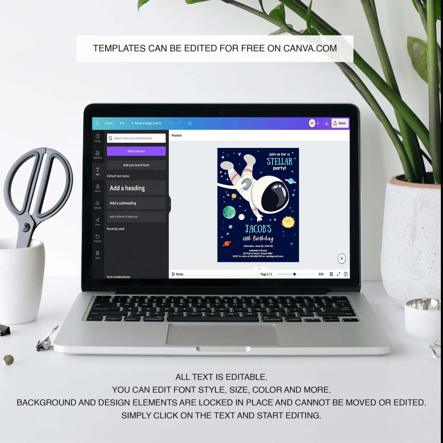 Editable boy space birthday party invitation outer space galaxy planets and stars astronaut download printable template digital corjl 0259 3