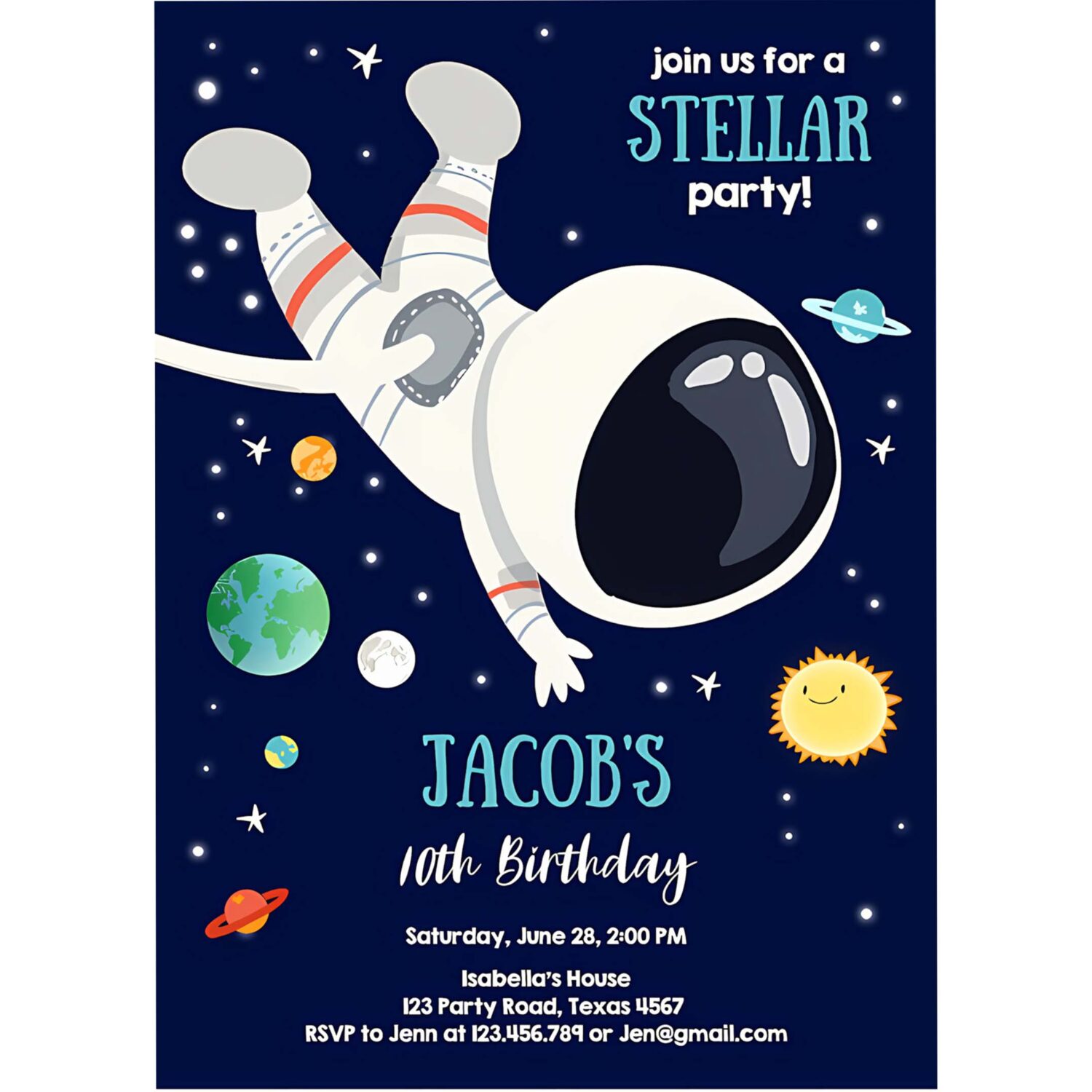Editable boy space birthday party invitation outer space galaxy planets and stars astronaut download printable template digital corjl 0259 4