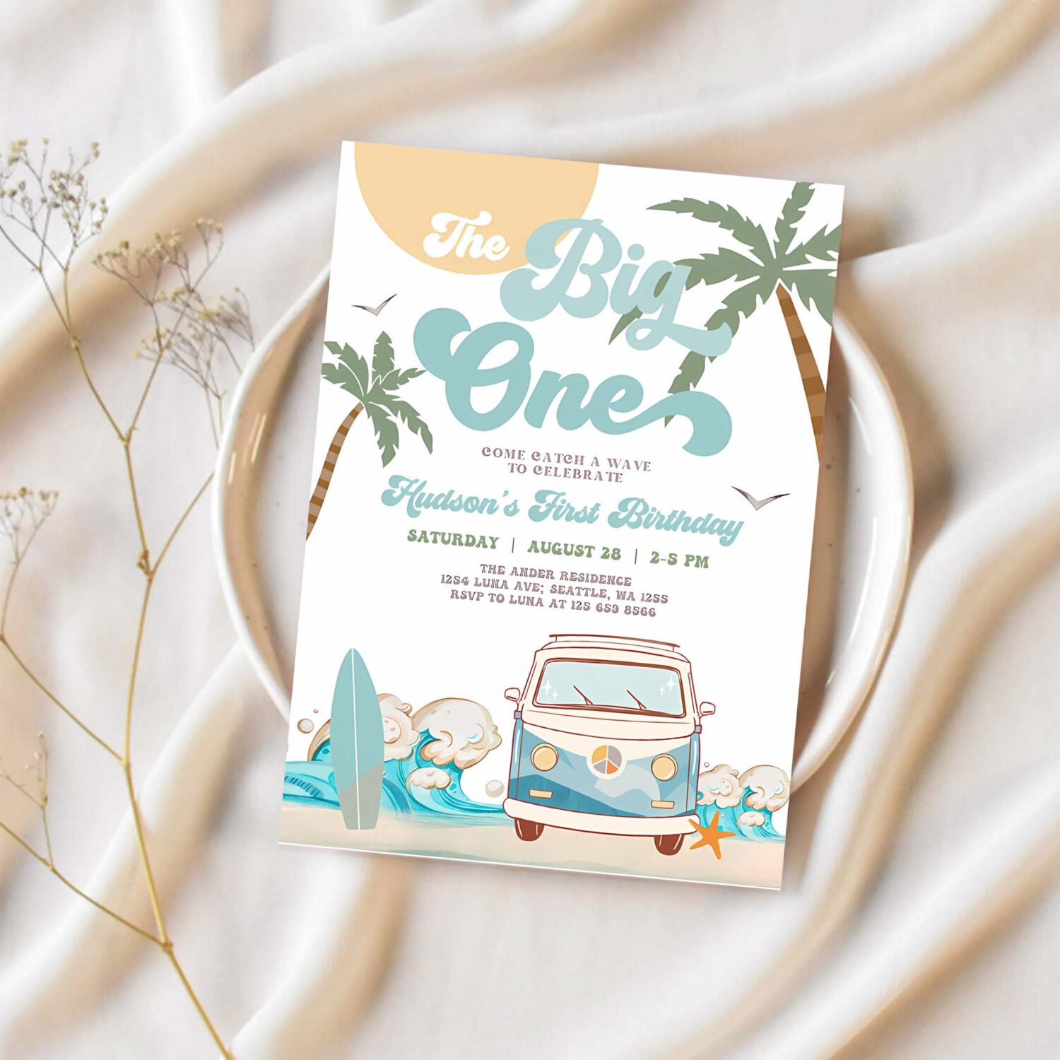 Editable boy the big one surfing 1st birthday party invitation retro surf van surfboard beach party invite 1