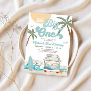 Editable boy the big one surfing 1st birthday party invitation retro surf van surfboard beach party invite 1