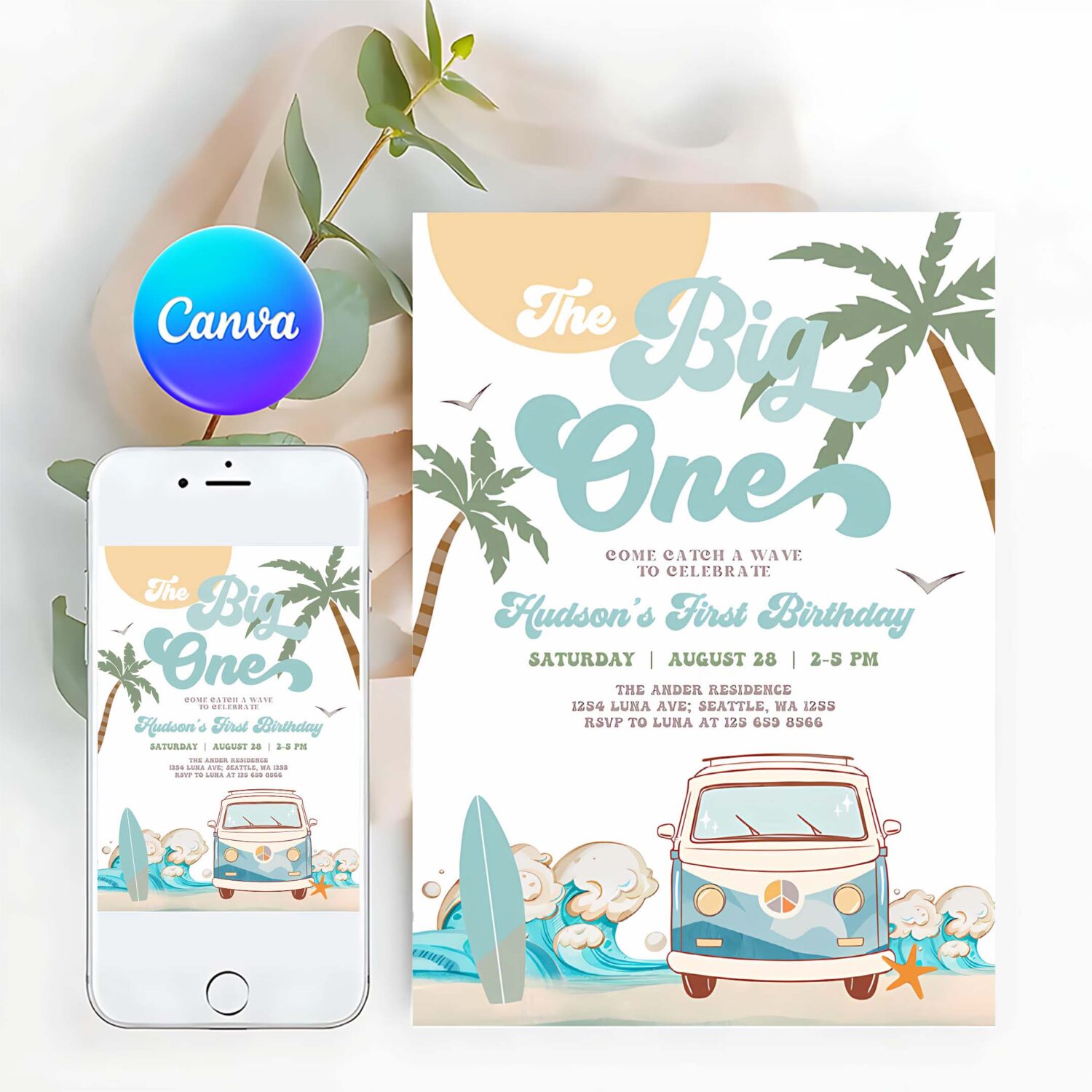 Editable boy the big one surfing 1st birthday party invitation retro surf van surfboard beach party invite