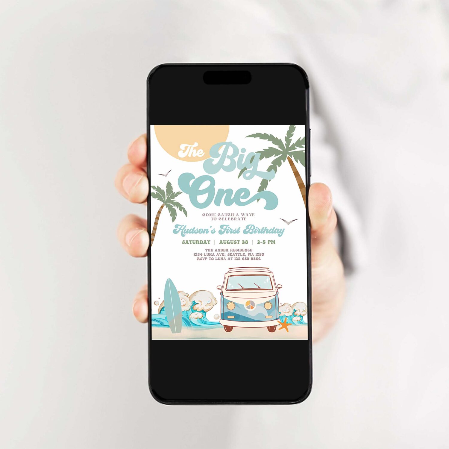 Editable boy the big one surfing 1st birthday party invitation retro surf van surfboard beach party invite 2