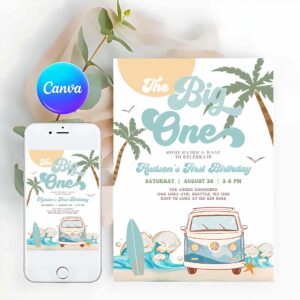 Surfing Invitation, Boy The Big One Surfing 1st Birthday, Birthday Party Invitation