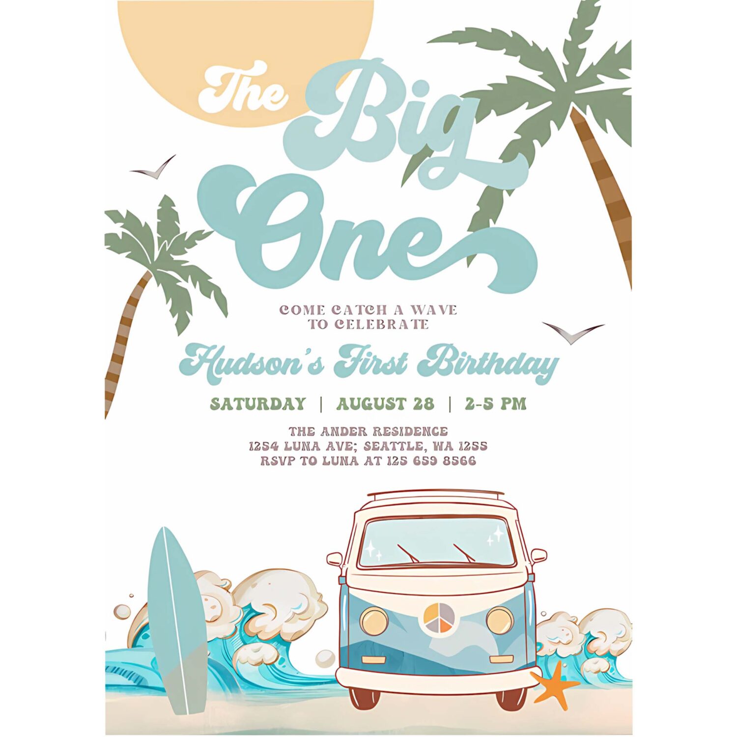 Editable boy the big one surfing 1st birthday party invitation retro surf van surfboard beach party invite 4