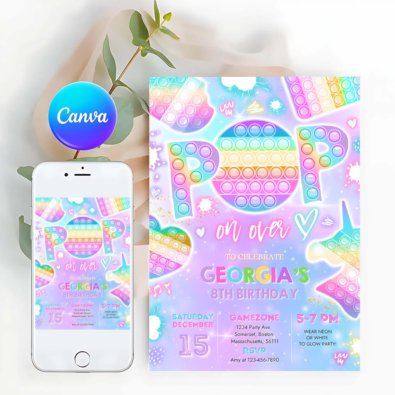Editable bubble pop toy birthday party invitation pastel rainbow galaxy popper fidget party bubble pop toy fidget party