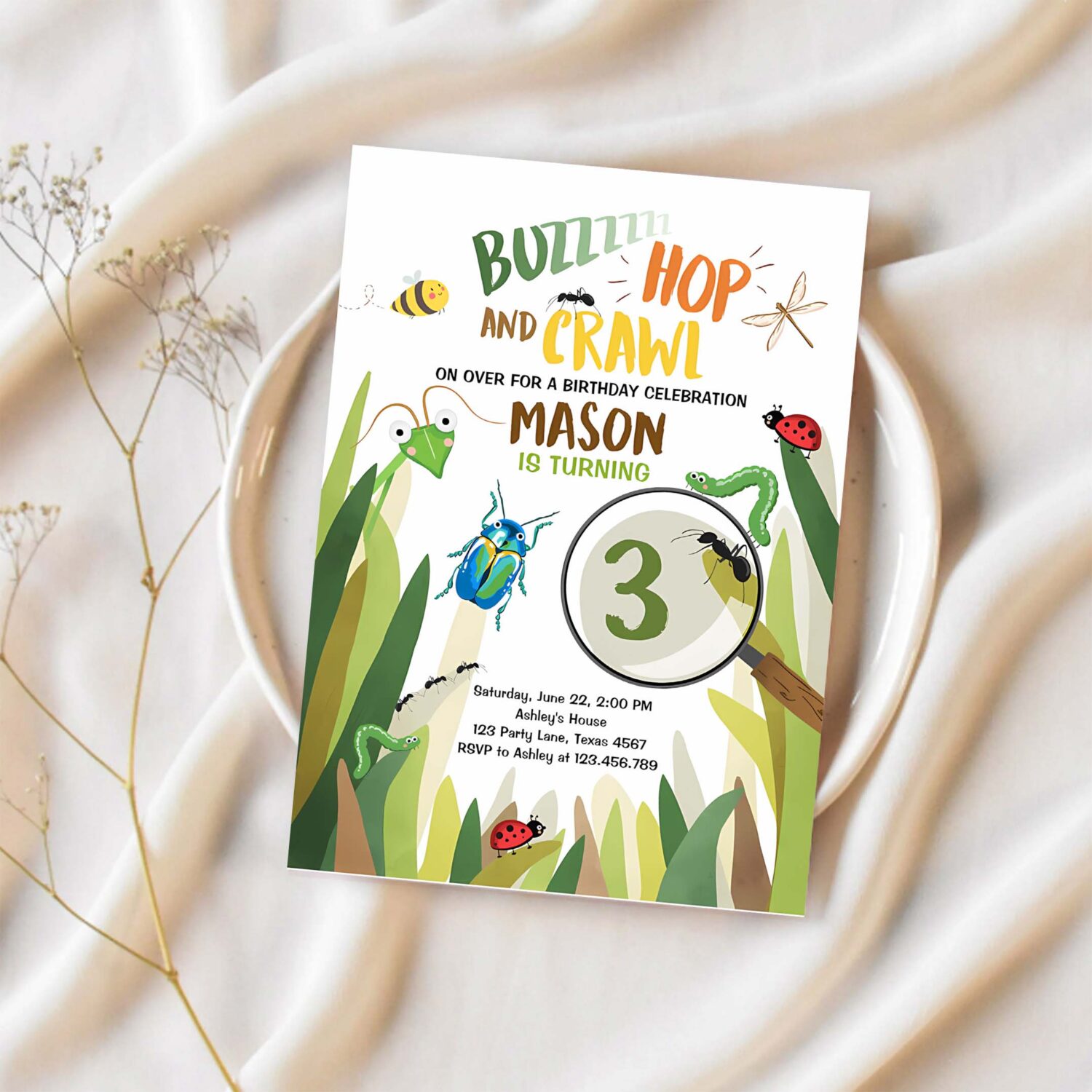 Editable bug birthday invitation insect party bugging outdoor bug hunt bugs boy download printable invitation template digital corjl 0090 1