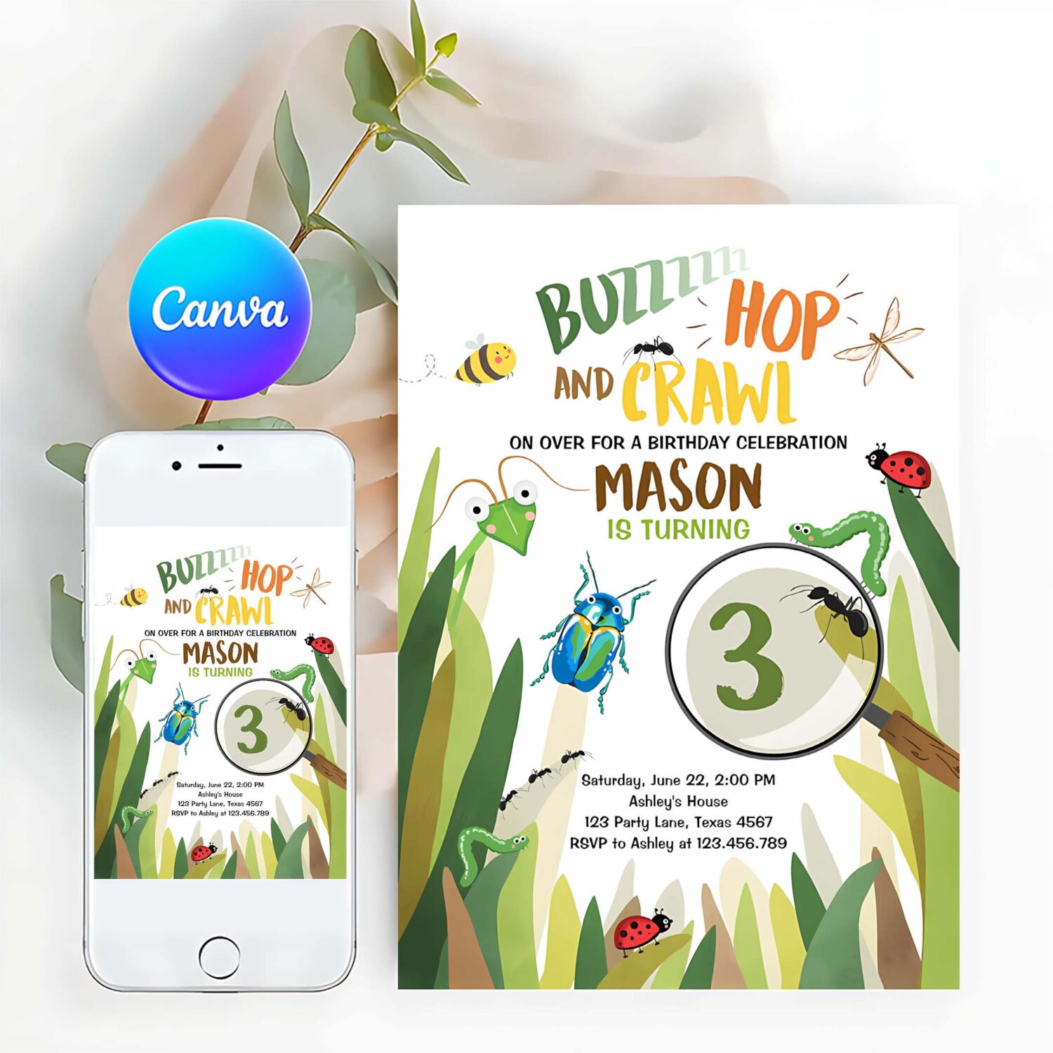 Editable bug birthday invitation insect party bugging outdoor bug hunt bugs boy download printable invitation template digital corjl 0090
