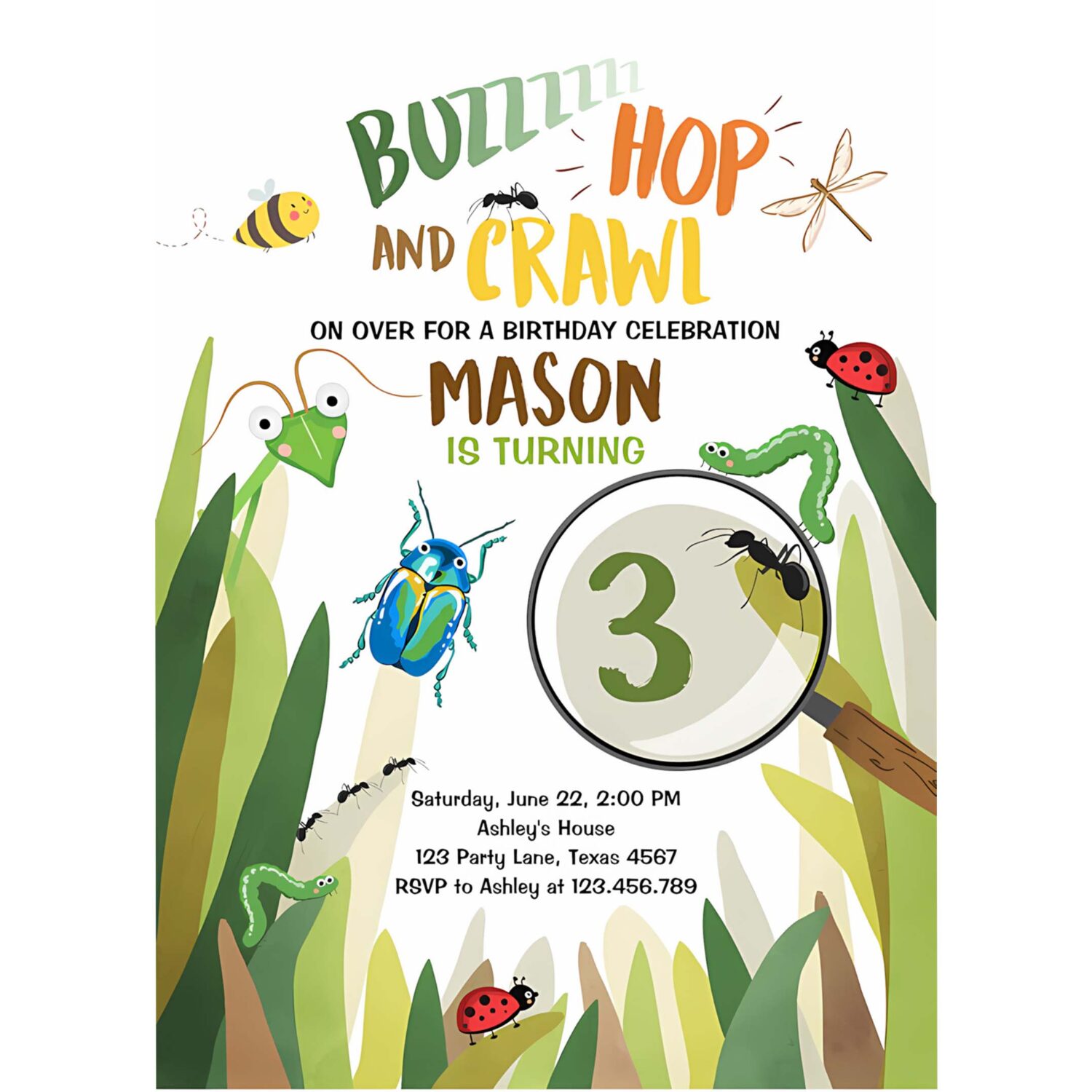 Editable bug birthday invitation insect party bugging outdoor bug hunt bugs boy download printable invitation template digital corjl 0090 4