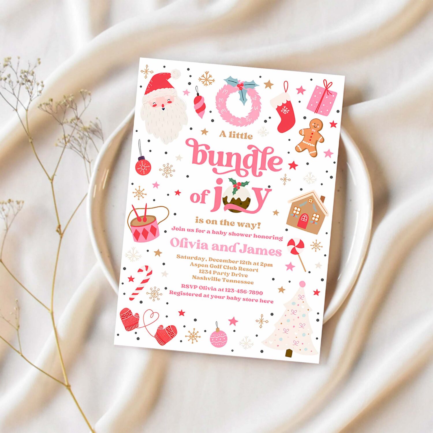 Editable bundle of joy baby shower invitation christmas baby shower invite santa baby shower pink girl christmas shower instant download hht 1