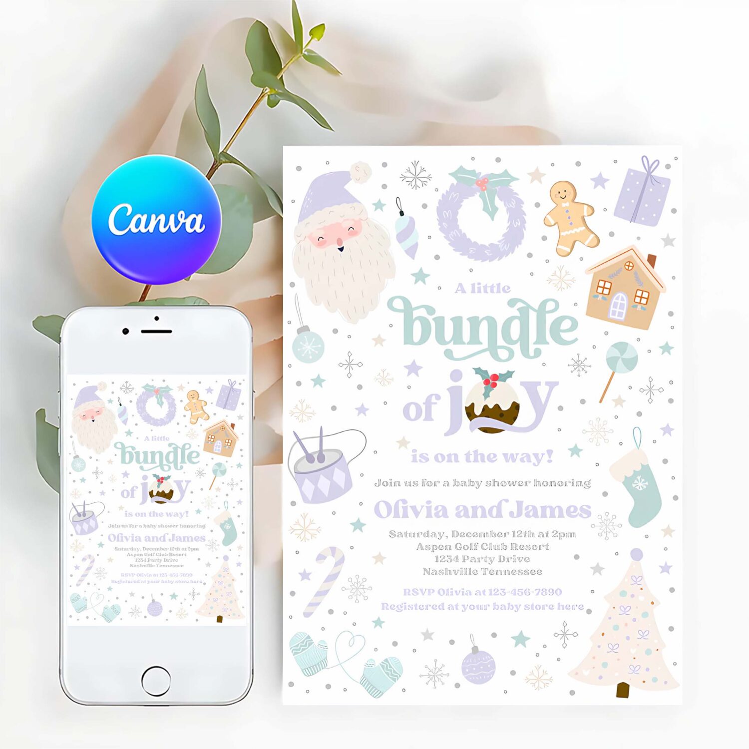 Editable bundle of joy baby shower invitation christmas baby shower invite santa shower purple girl christmas shower instant download 55y