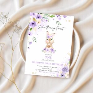 Editable bunny birthday party invitation some bunny 1st birthday purple floral spring bunny 1st birthday party 1