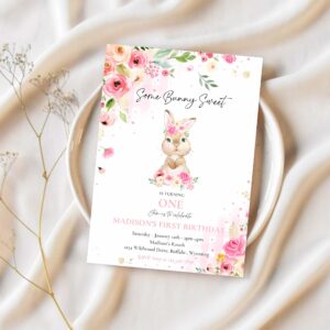 Editable bunny birthday party invitation some bunny pink 1st birthday pink floral spring bunny 1st birthday party 1