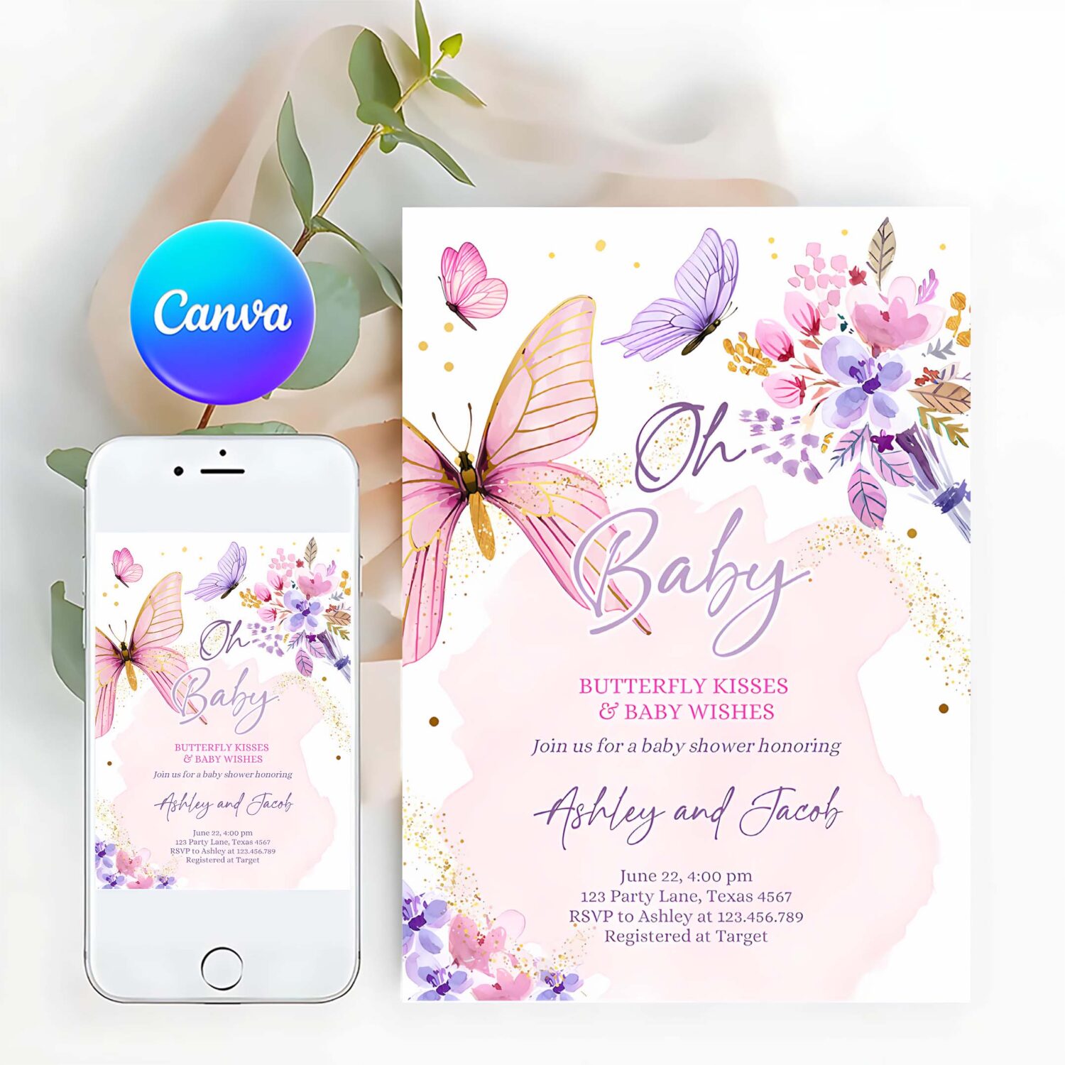 Editable butterflies baby shower invite purple butterfly kisses invitation floral pink gold girl download printable template corjl 0437