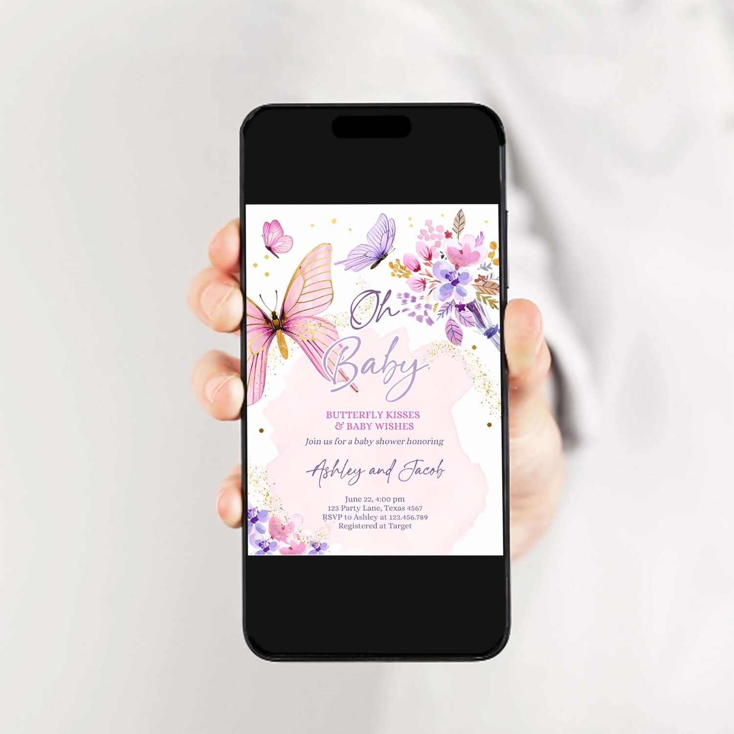 Editable butterflies baby shower invite purple butterfly kisses invitation floral pink gold girl download printable template corjl 0437 2