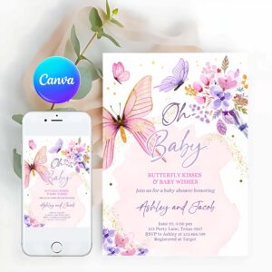 Butterfly Invitation, Butterflies Baby Shower Invitation Purple Butterfly Kisses Invitation