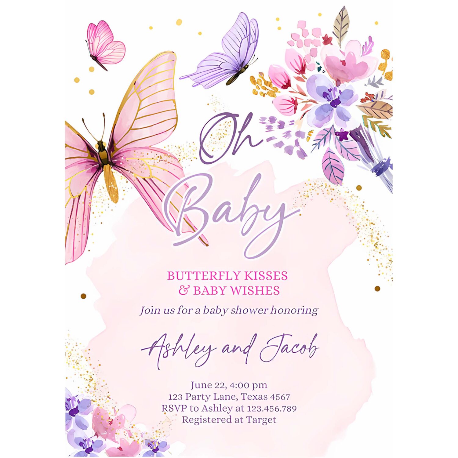 Editable butterflies baby shower invite purple butterfly kisses invitation floral pink gold girl download printable template corjl 0437 4