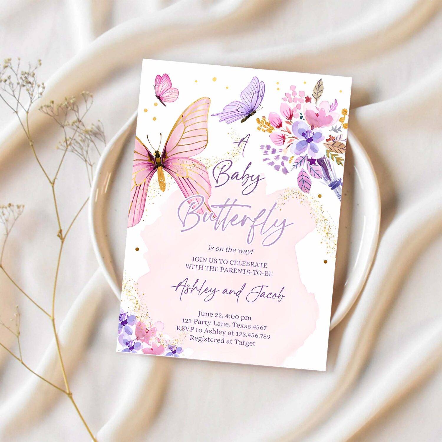 Editable butterfly baby shower invitation purple butterfly on the way invite floral pink gold girl download printable template corjl 0437 1