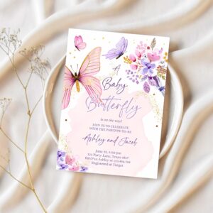 Editable butterfly baby shower invitation purple butterfly on the way invite floral pink gold girl download printable template corjl 0437 1