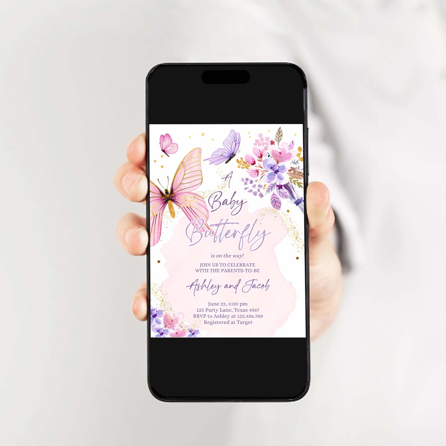 Editable butterfly baby shower invitation purple butterfly on the way invite floral pink gold girl download printable template corjl 0437 2