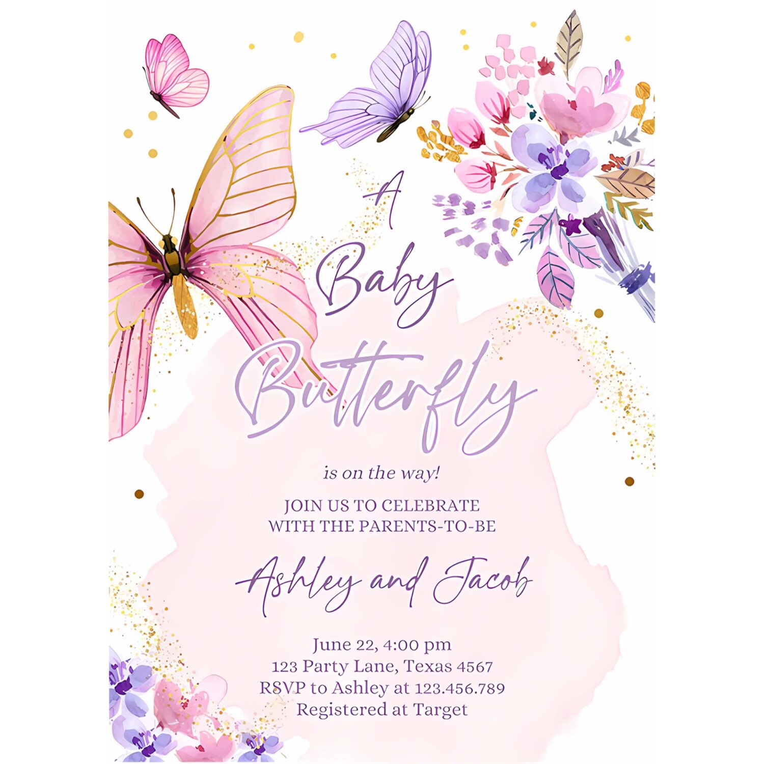 Editable butterfly baby shower invitation purple butterfly on the way invite floral pink gold girl download printable template corjl 0437 4