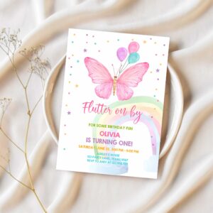 Editable butterfly birthday invitation butterfly invitation garden floral flowers pink gold girl download printable template corjl 0162 1