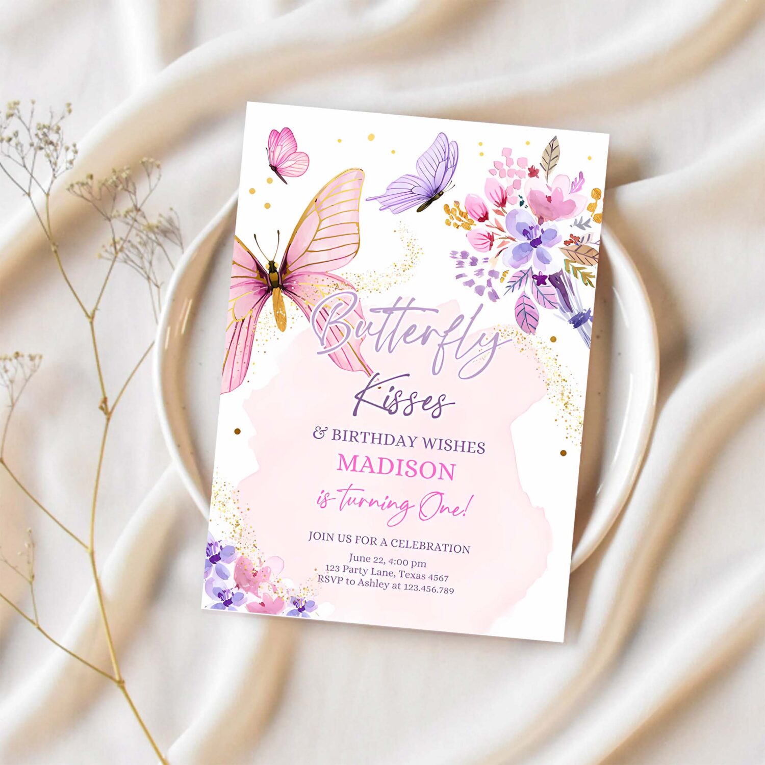 Editable butterfly birthday invitation girl butterfly kisses invite 1st birthday party floral pink download printable template corjl 0437 1