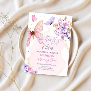 Editable butterfly birthday invitation girl butterfly kisses invite 1st birthday party floral pink download printable template corjl 0437 1