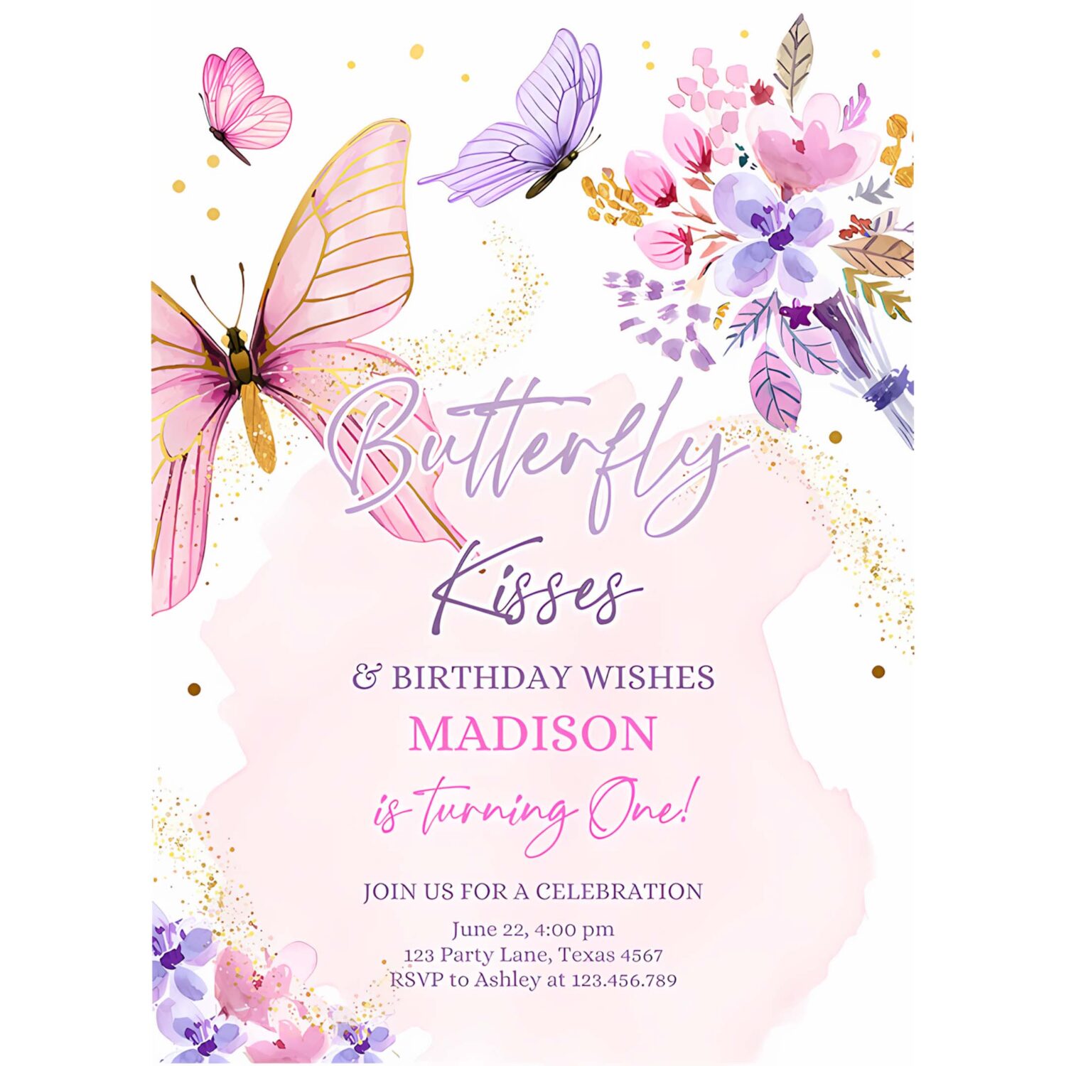 Editable butterfly birthday invitation girl butterfly kisses invite 1st birthday party floral pink download printable template corjl 0437 4