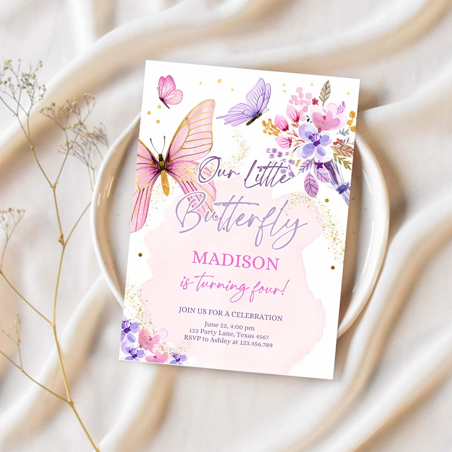 Editable butterfly birthday invitation girl purple butterfly invite 1st birthday party floral pink download printable template corjl 0437 1