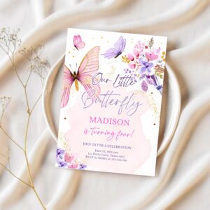 Editable butterfly birthday invitation girl purple butterfly invite 1st birthday party floral pink download printable template corjl 0437 1