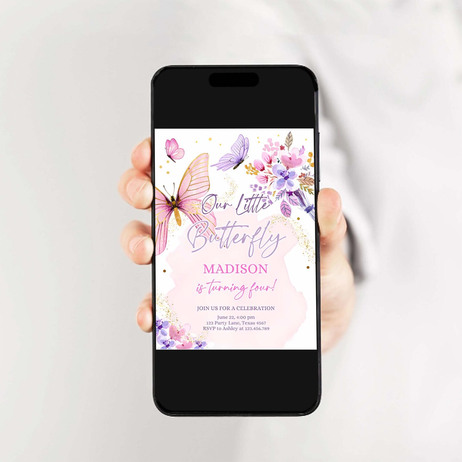 Editable butterfly birthday invitation girl purple butterfly invite 1st birthday party floral pink download printable template corjl 0437 2