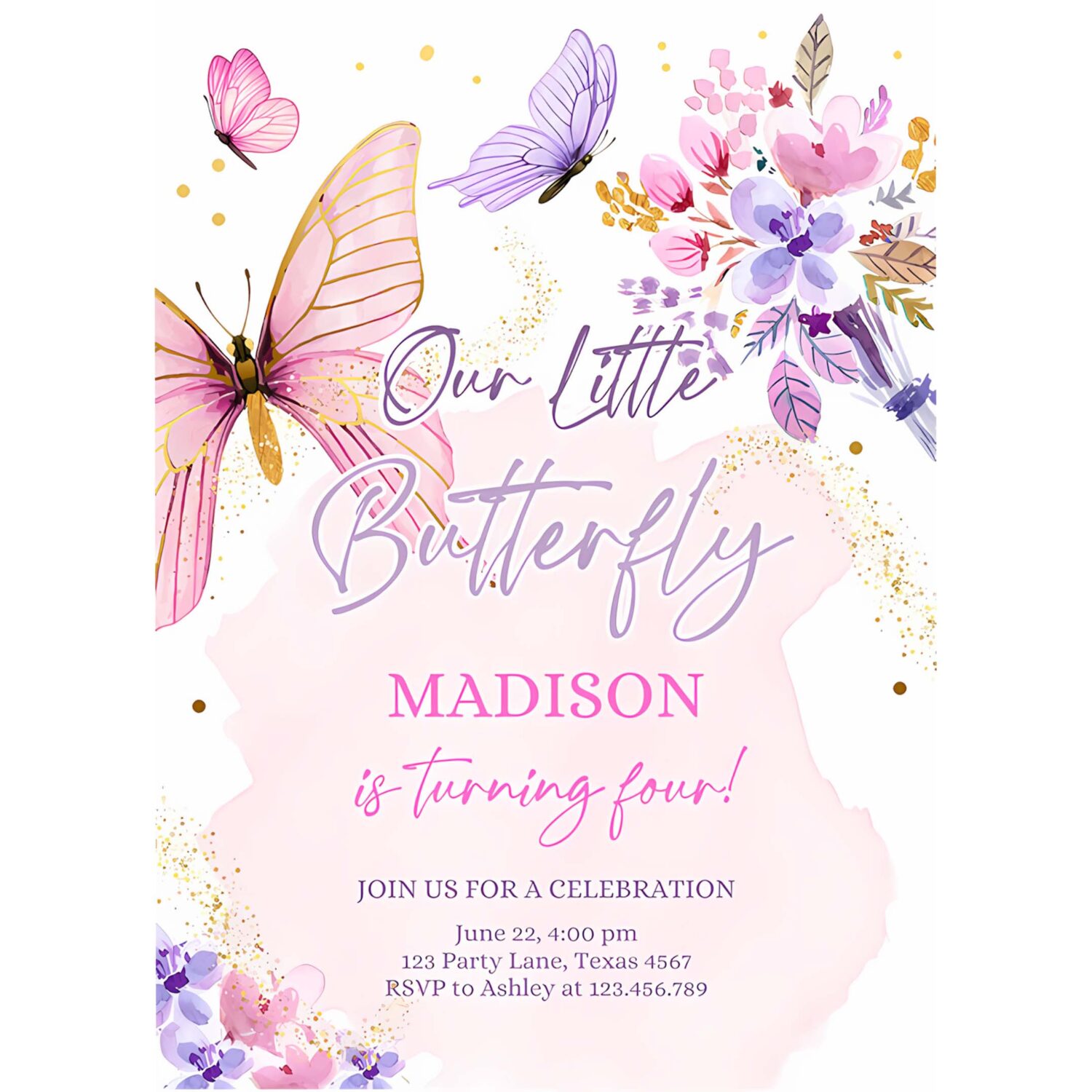Editable butterfly birthday invitation girl purple butterfly invite 1st birthday party floral pink download printable template corjl 0437 4