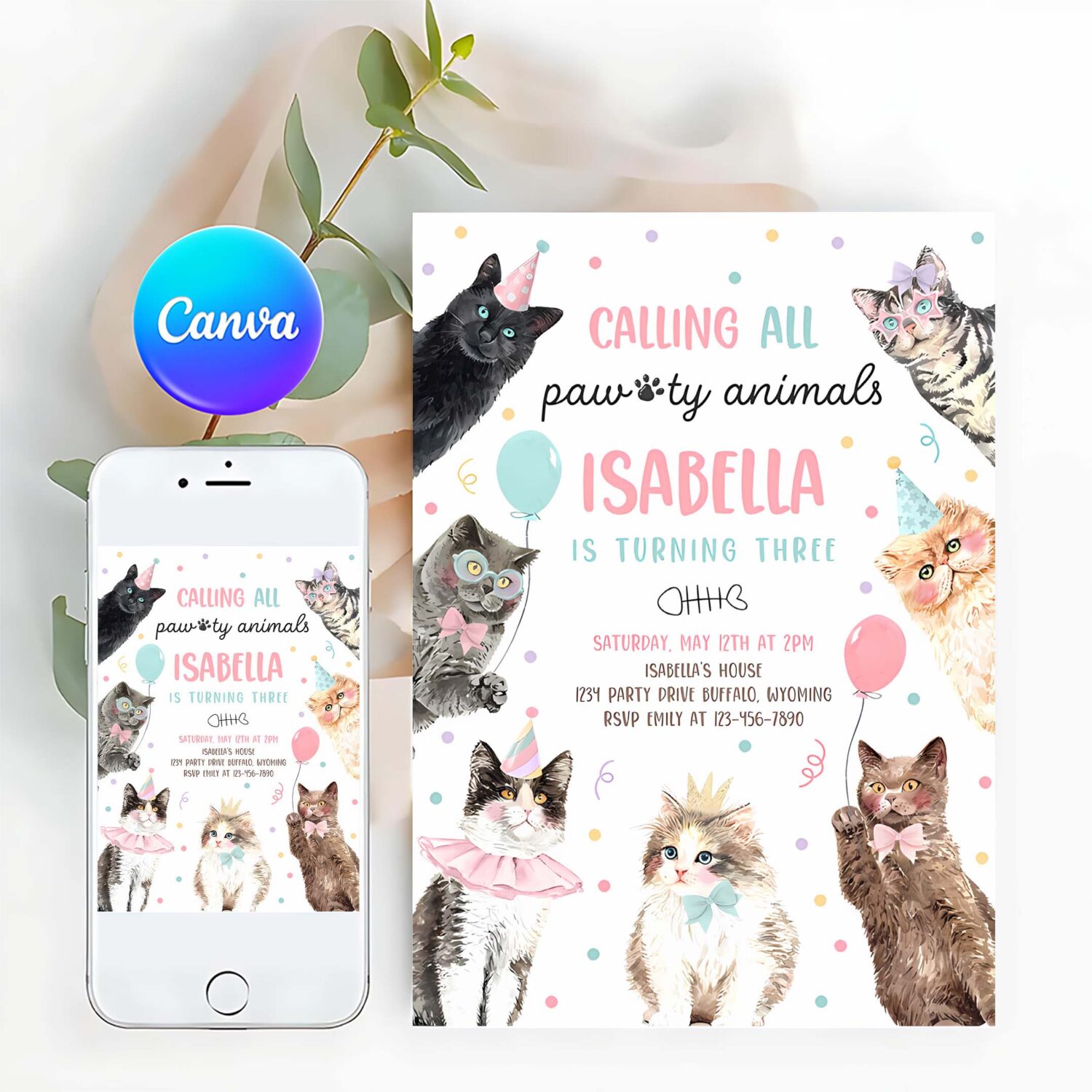 Editable calling all paw ty animals kitten birthday party invitation cat birthday party lets pawty kitty cat party