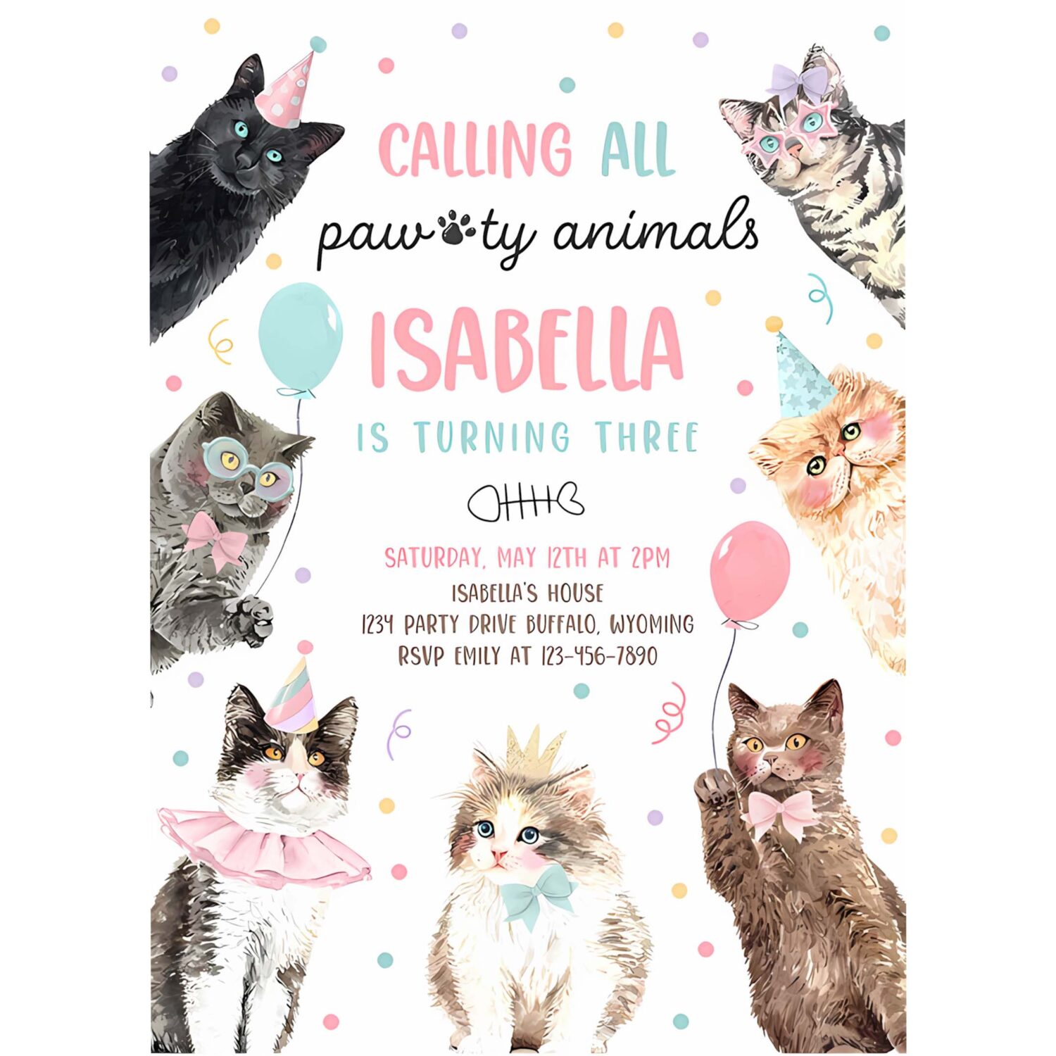 Editable calling all paw ty animals kitten birthday party invitation cat birthday party lets pawty kitty cat party 4