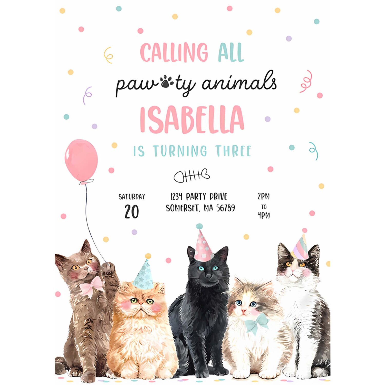 Editable calling all pawty animals kitten birthday party invitation cat birthday party lets pawty kitty cat party 4