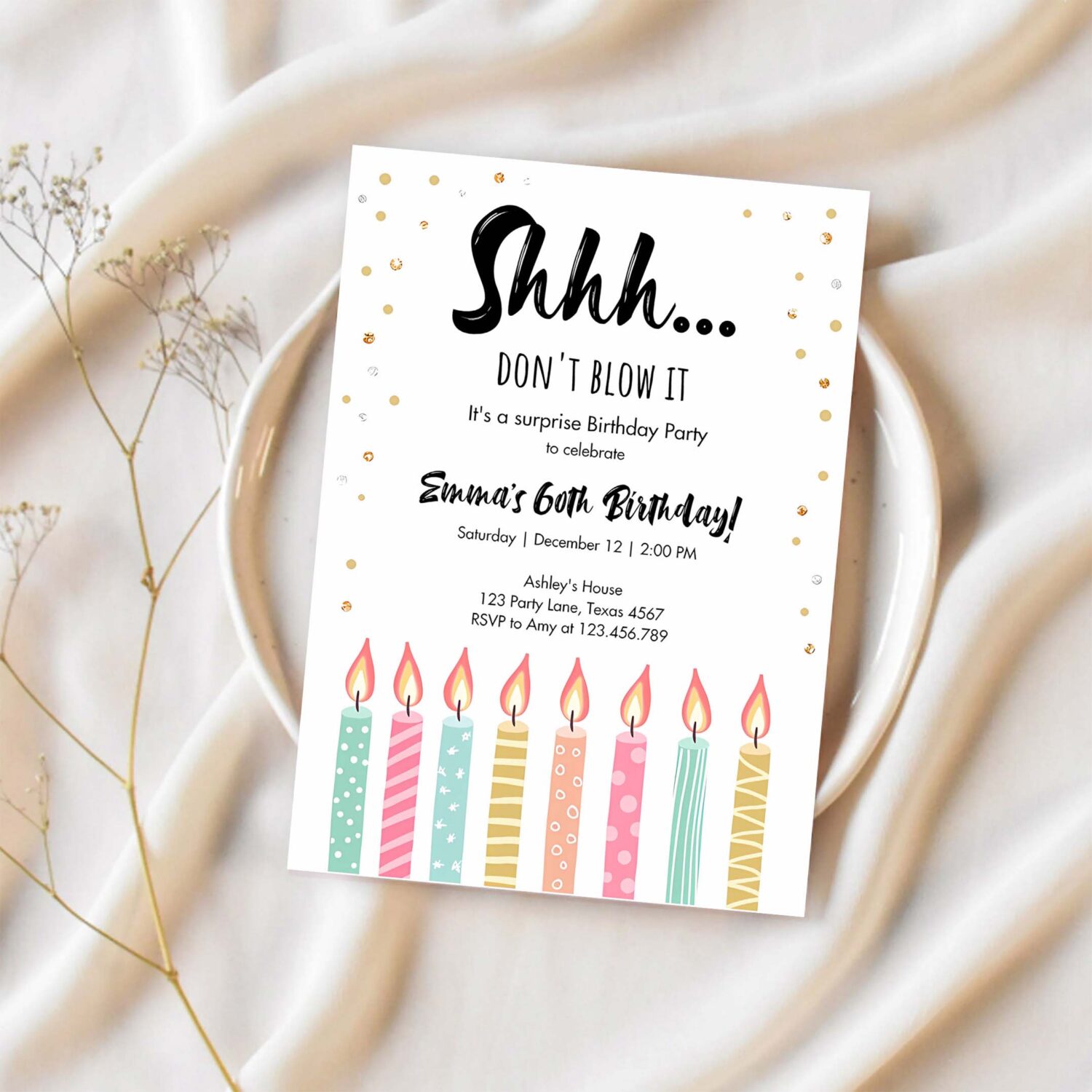 Editable candles surprise birthday invitation shhh its a surprise party 30th 40th 50th 60th adult download corjl template printable 0277 1