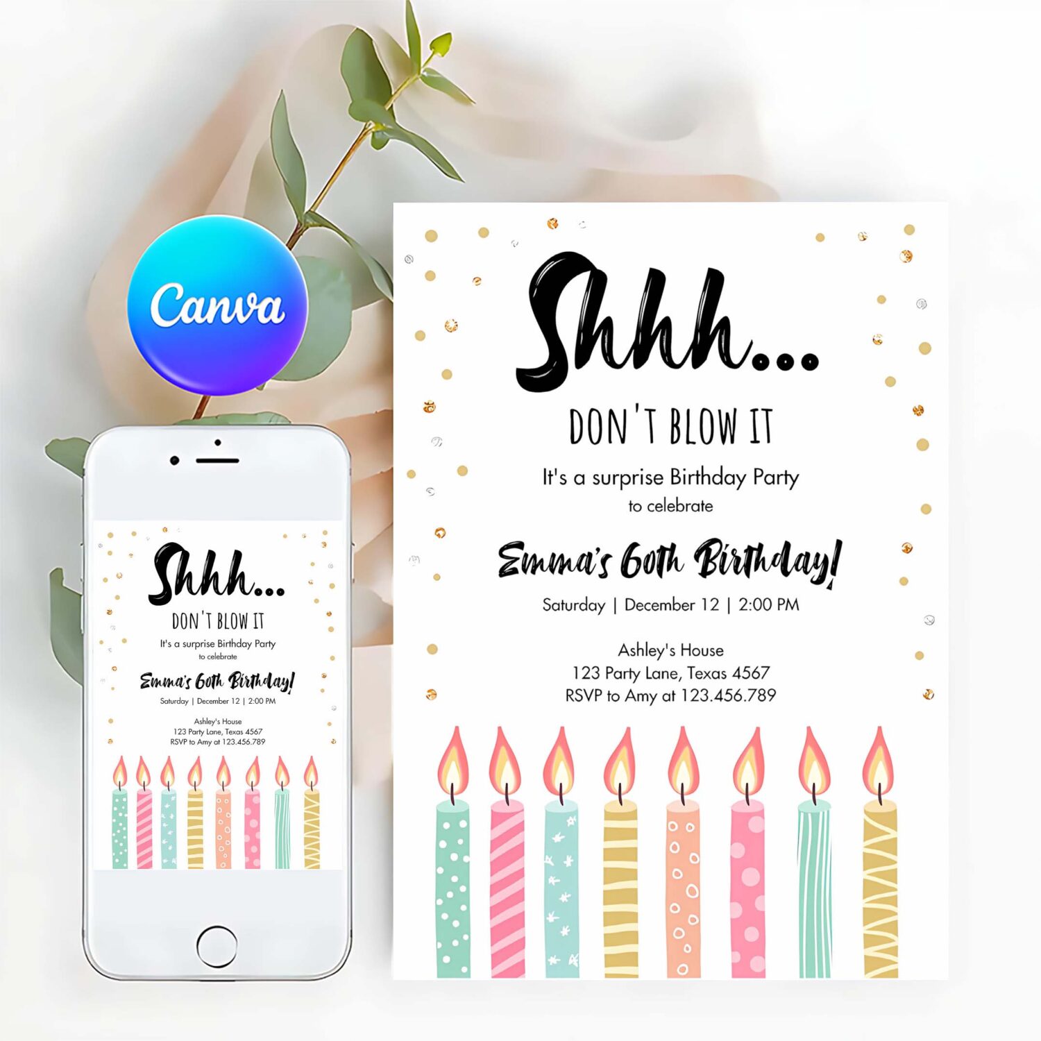 Editable candles surprise birthday invitation shhh its a surprise party 30th 40th 50th 60th adult download corjl template printable 0277