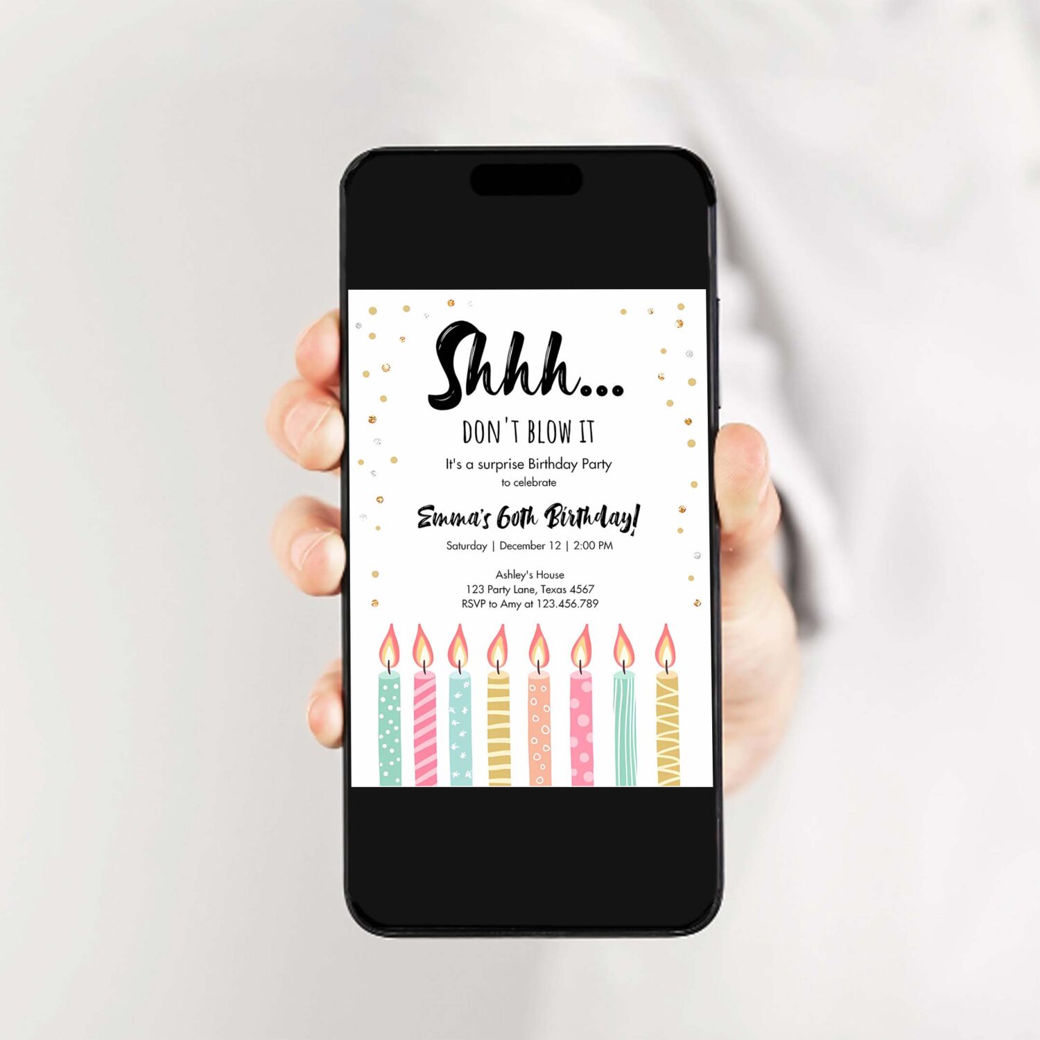 Editable candles surprise birthday invitation shhh its a surprise party 30th 40th 50th 60th adult download corjl template printable 0277 2