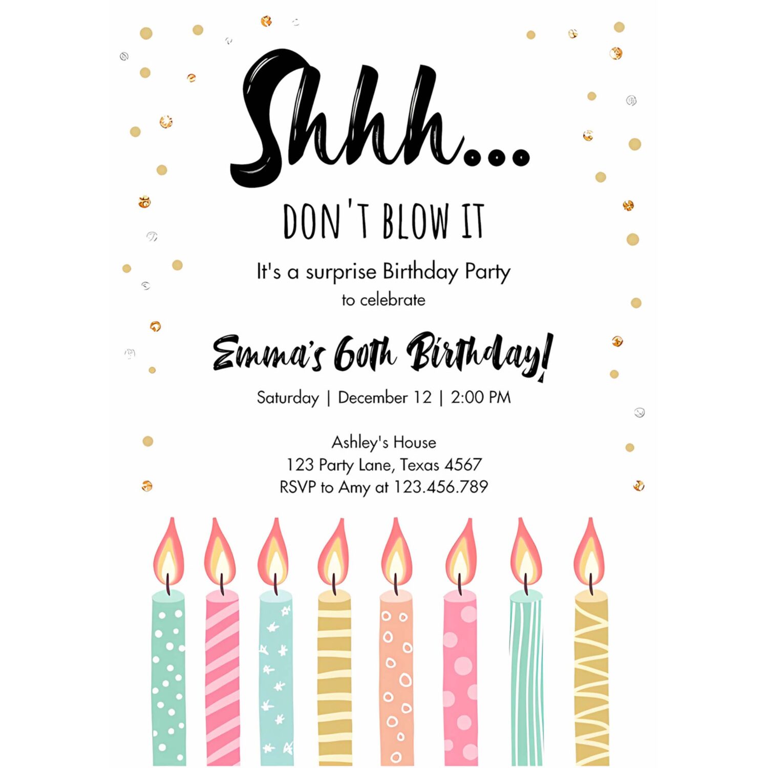 Editable candles surprise birthday invitation shhh its a surprise party 30th 40th 50th 60th adult download corjl template printable 0277 4