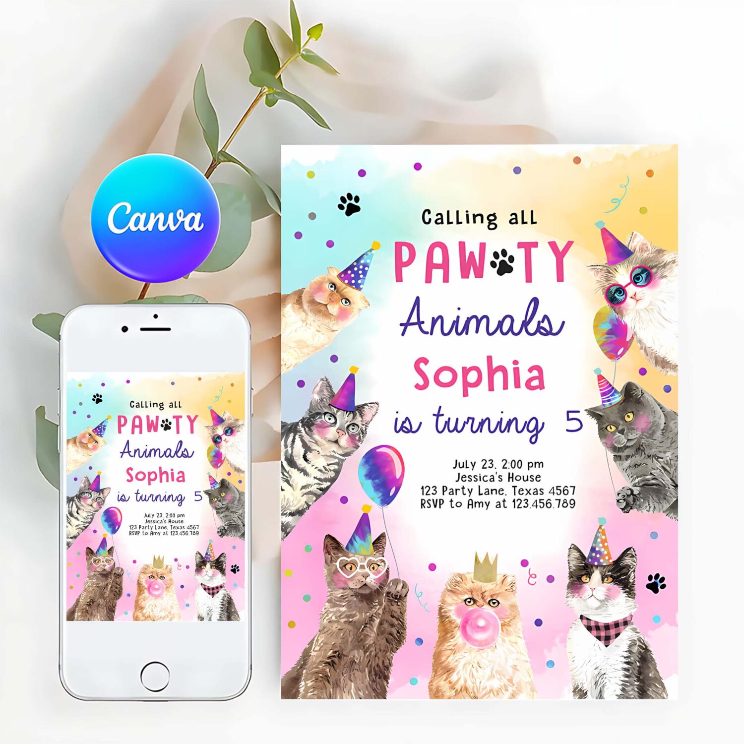 Editable cat birthday party invitation kitten birthday invite calling all pawty animals party animals download printable template