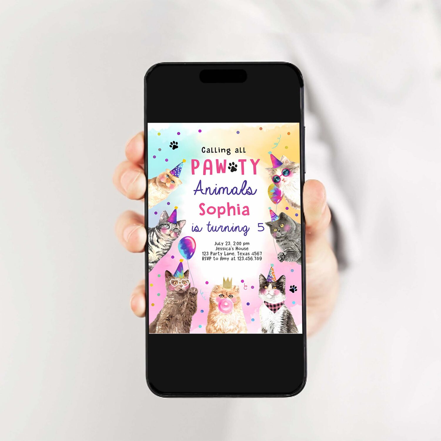 Editable cat birthday party invitation kitten birthday invite calling all pawty animals party animals download printable template 2