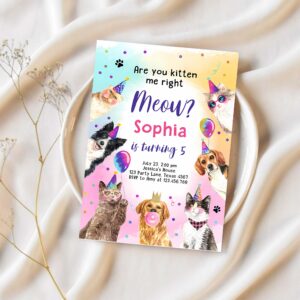 Editable cat birthday party invitation kitten birthday invite kitten me right meow invite party animals girl download template corjl 0460 1