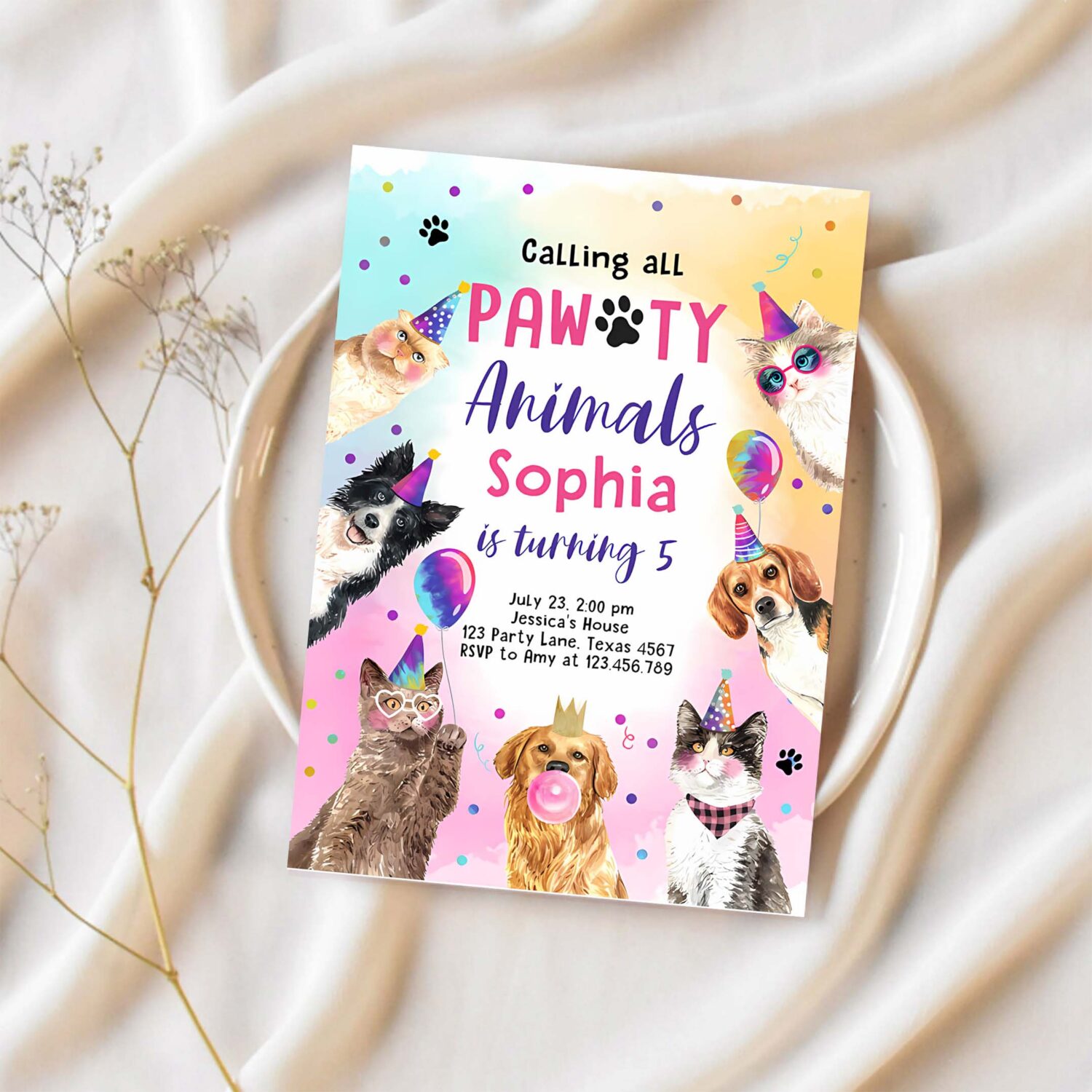 Editable cats and dogs birthday invitation pawty birthday party invite girl kitten puppy party animal download printable template corjl 0460 1