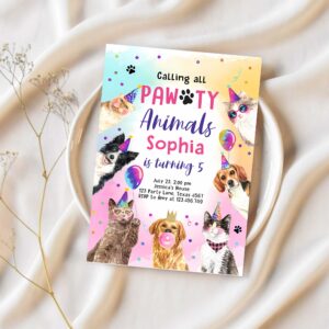 Editable cats and dogs birthday invitation pawty birthday party invite girl kitten puppy party animal download printable template corjl 0460 1