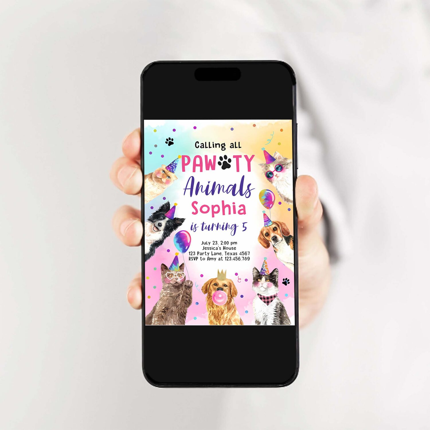 Editable cats and dogs birthday invitation pawty birthday party invite girl kitten puppy party animal download printable template corjl 0460 2