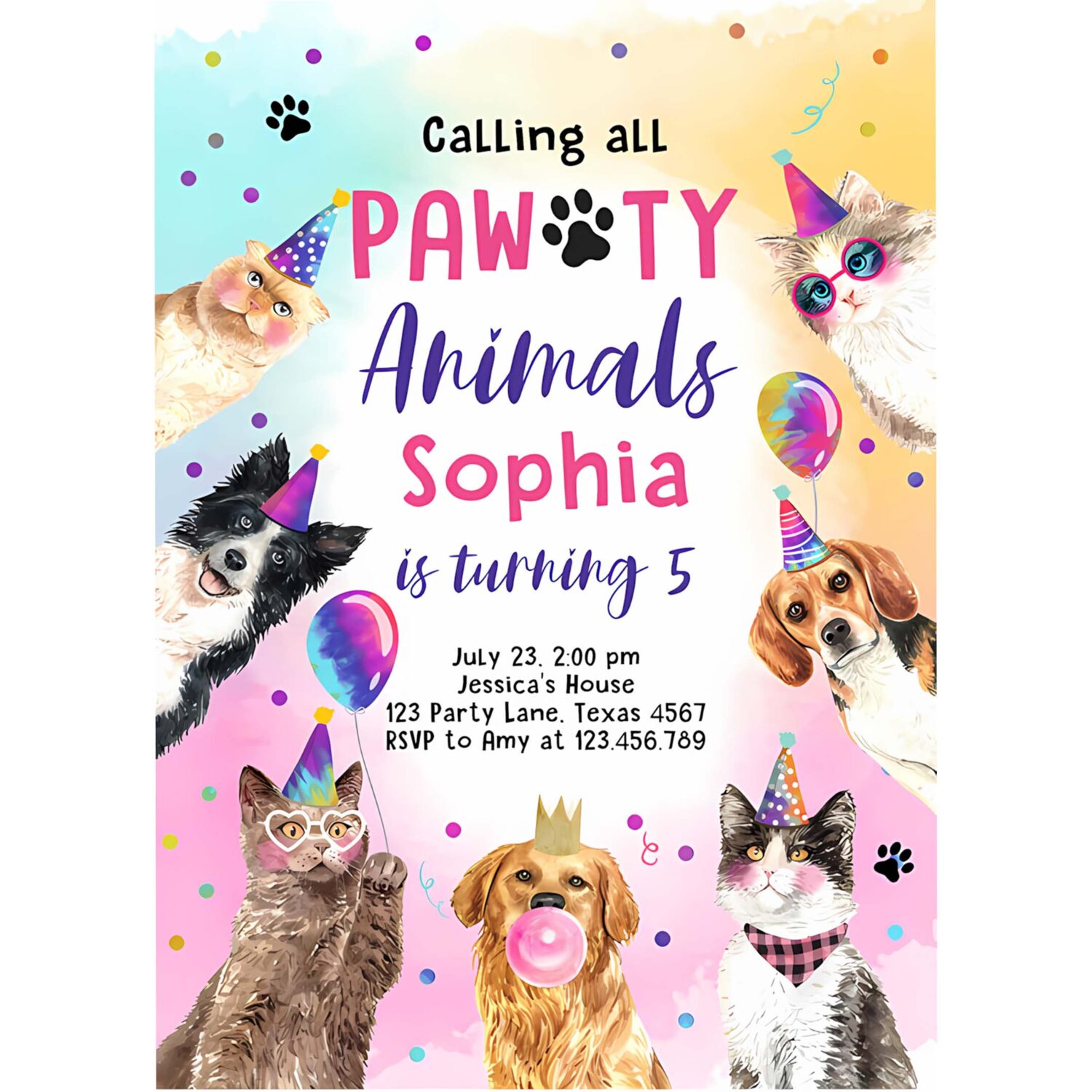 Editable cats and dogs birthday invitation pawty birthday party invite girl kitten puppy party animal download printable template corjl 0460 4