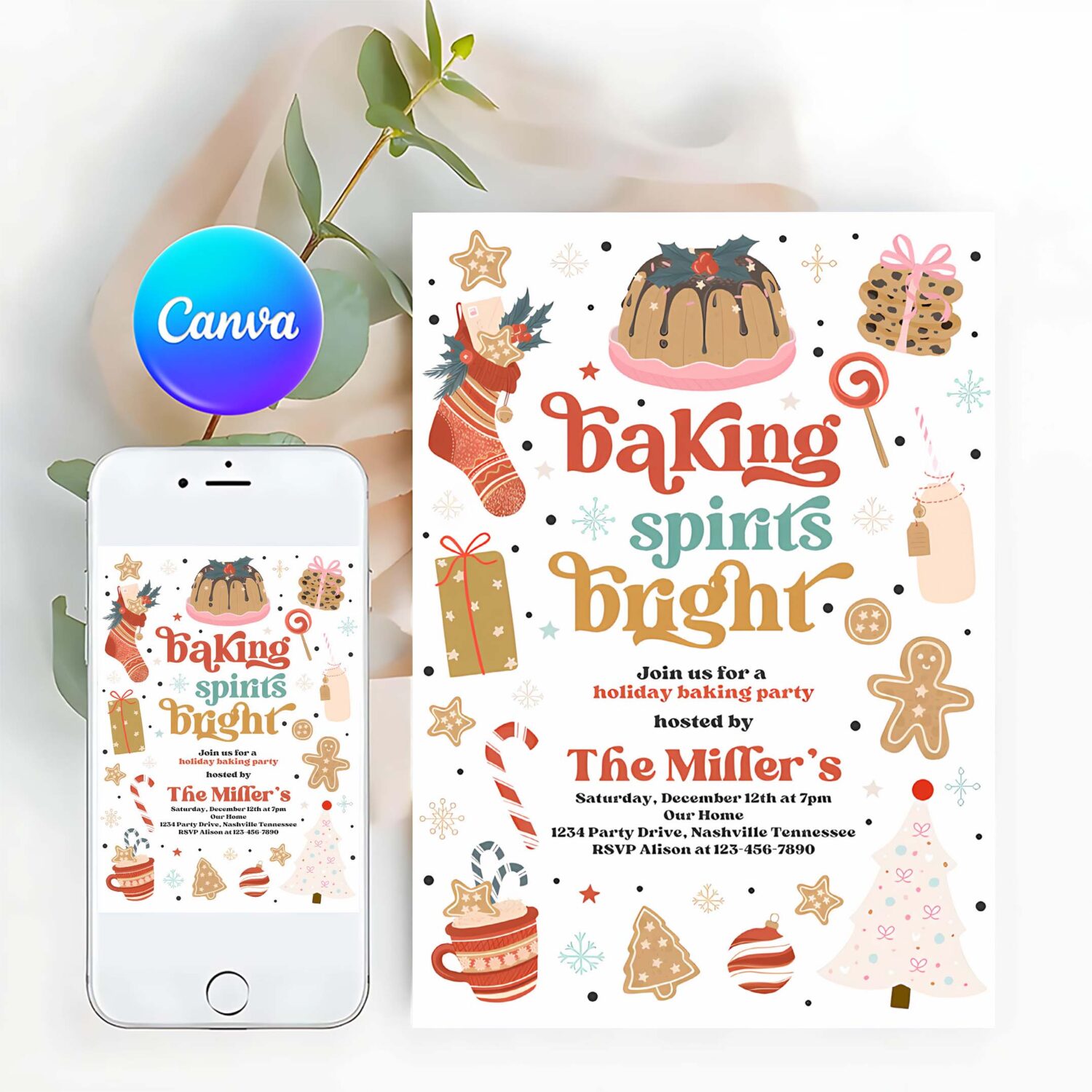 Editable christmas baking party invitation baking spirits bright cookie decorating party holiday gingerbread cookie instant download dy5
