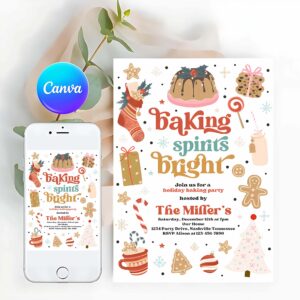 Cookie Party Invitation, Christmas Baking Party Invitation Baking Spirits Bright Cookie Decorating Party Holiday Gingerbread Cookie