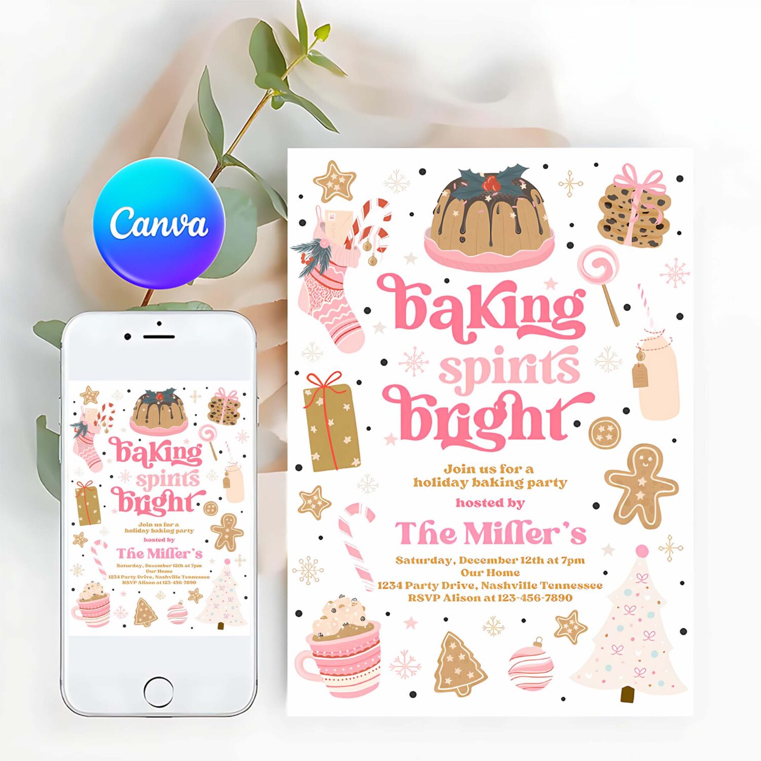 Editable christmas baking party invite baking spirits bright cookie decorating party holiday gingerbread cookie instant download dy5