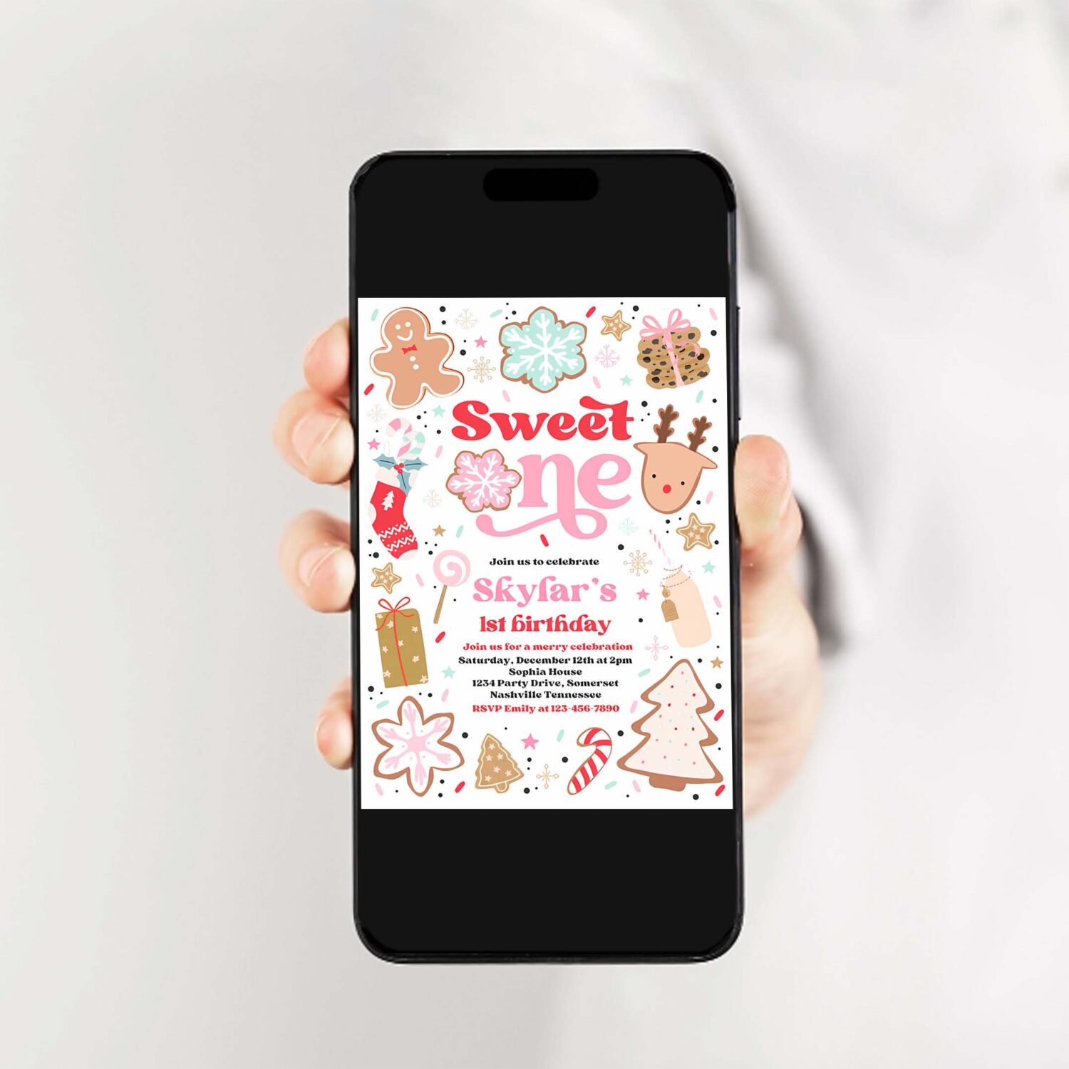 Editable christmas birthday invitation cookie party 1st birthday party sweet one christmas 1st birthday party instant download hy9 2